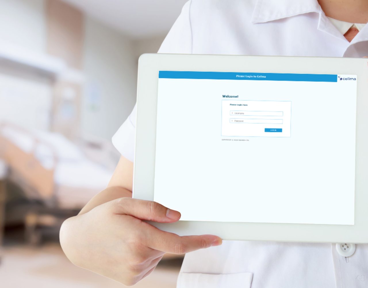 A healthcare professional with a tablet displaying Cellma's login screen