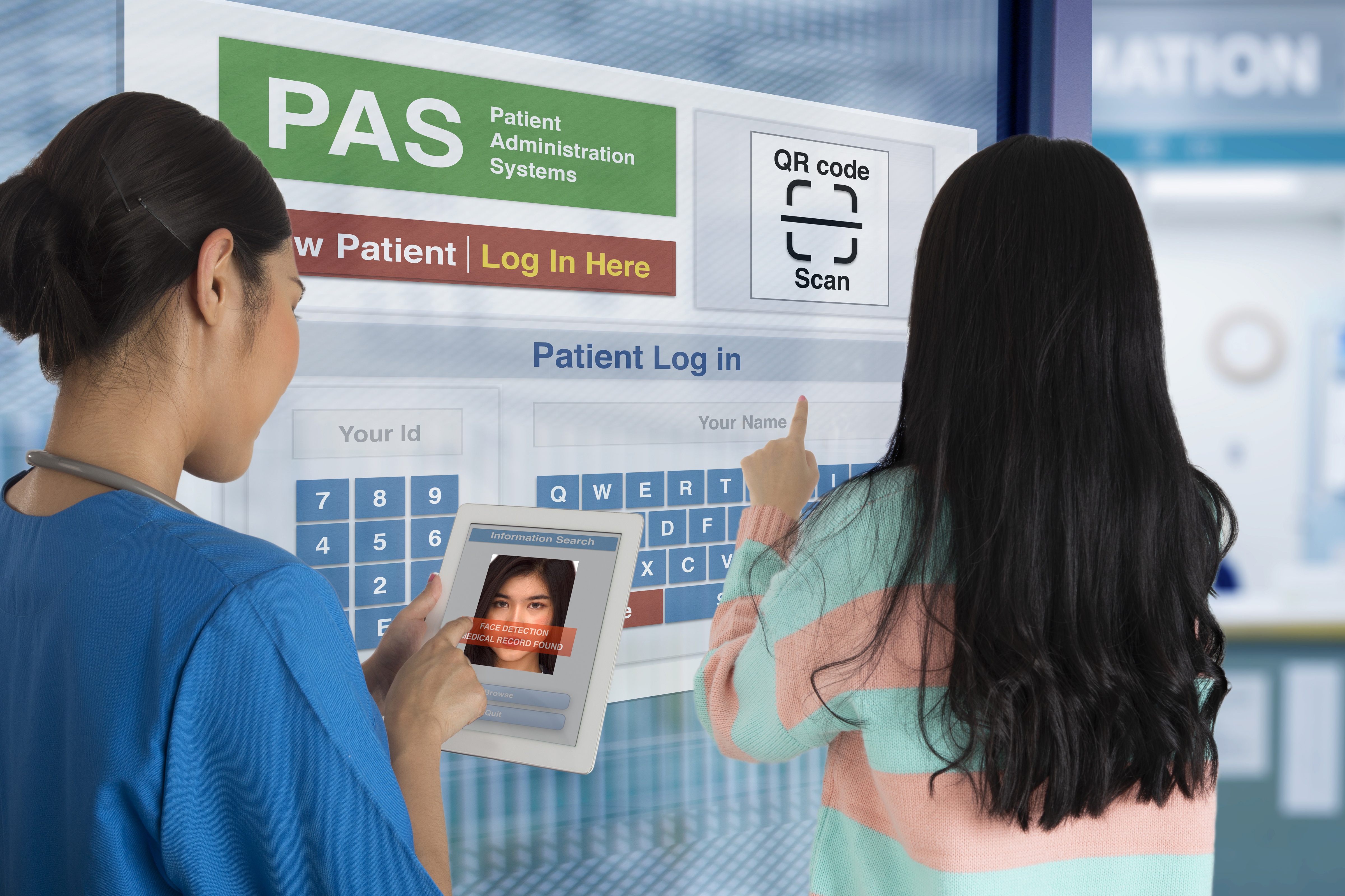 Female Patient using self registration system to check in while doctor find her medical record by digital tablet