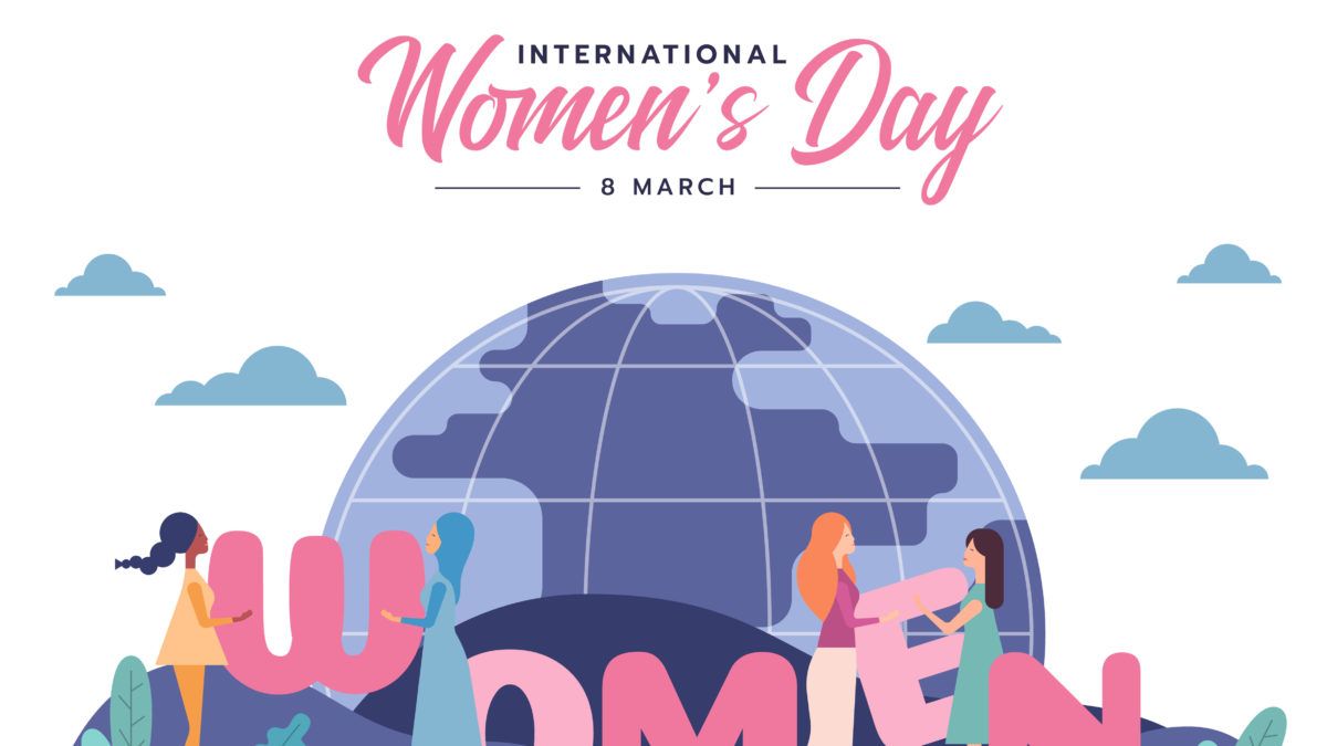 international women's day - a diverse group of women helping to put the letters WOMEN in order vector design