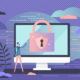 Cyber security concept, flat tiny person vector illustration. Business technology system protection. Antivirus fraud attack firewall. Computer screen with a padlock symbol. Digital safety encryption.